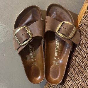 Birkenstock Madrid Big Buckle Sandals Brown Cognac Leather Size 38 / US 7